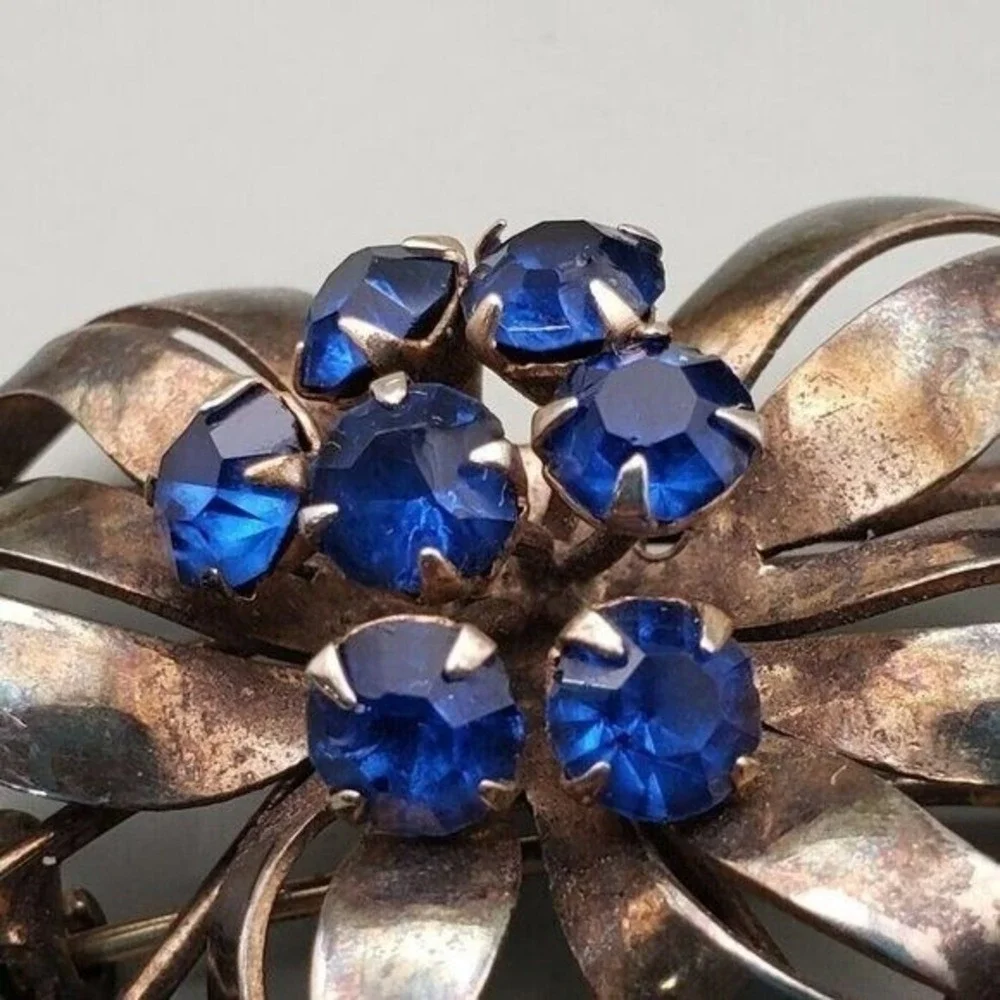 Vintage‎ Sterling Silver Brooch Blue Stones Retro Patina